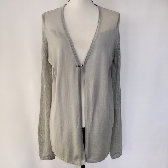 Elie Tahari Sage Gray Cotton and Silk Blend Light Cardigan Sweater - Picture 3 of 12